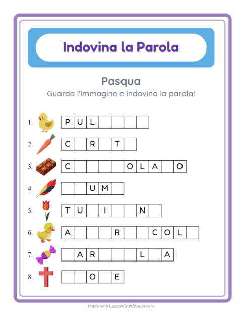 Anteprima della scheda di Indovina La Parola con Pasqua per Scuola dell'infanzia (5-7 anni)