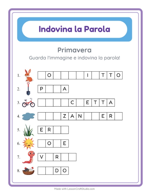 Anteprima della scheda di Indovina La Parola con Primavera per Scuola dell'infanzia (5-7 anni)