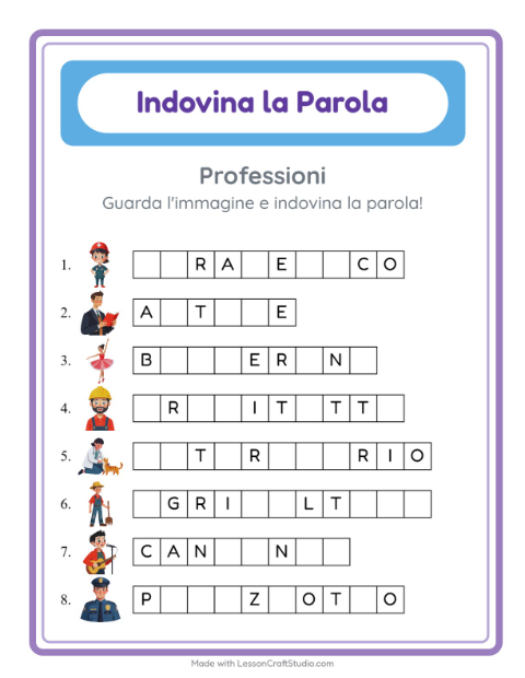 Anteprima della scheda di Indovina La Parola con Professioni per Scuola dell'infanzia (5-7 anni)