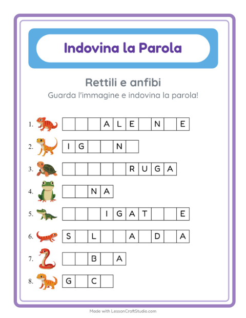 Anteprima della scheda di Indovina La Parola con Rettili e anfibi per Scuola dell'infanzia (5-7 anni)