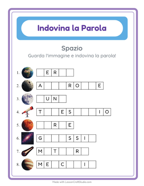Anteprima della scheda di Indovina La Parola con Spazio per Scuola dell'infanzia (5-7 anni)