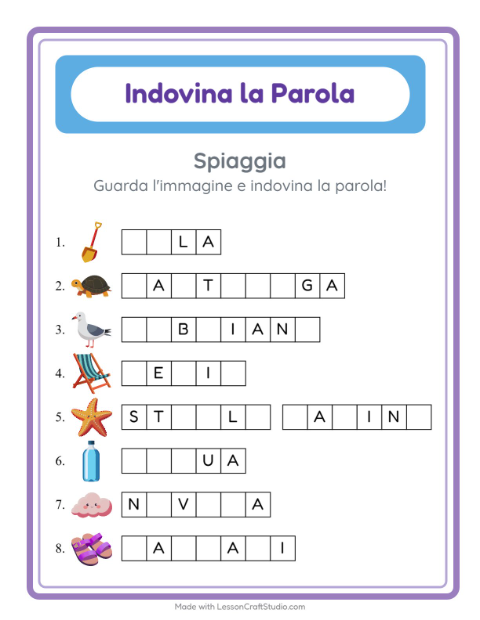 Anteprima della scheda di Indovina La Parola con Spiaggia per Scuola dell'infanzia (5-7 anni)