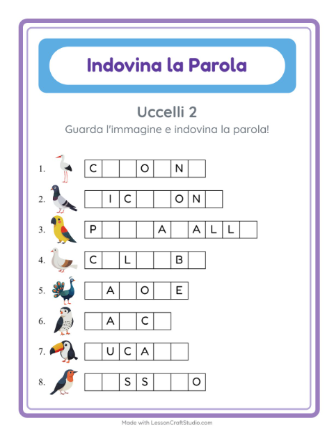 Anteprima della scheda di Indovina La Parola con Uccelli 2 per Scuola dell'infanzia (5-7 anni)