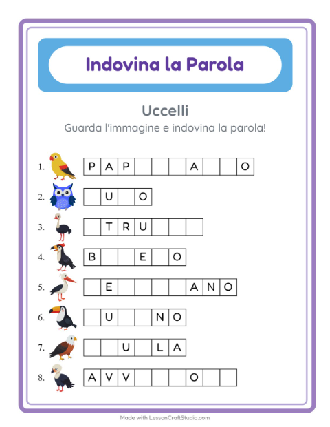 Anteprima della scheda di Indovina La Parola con Uccelli per Scuola dell'infanzia (5-7 anni)
