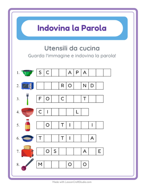 Anteprima della scheda di Indovina La Parola con Utensili da cucina per Scuola dell'infanzia (5-7 anni)