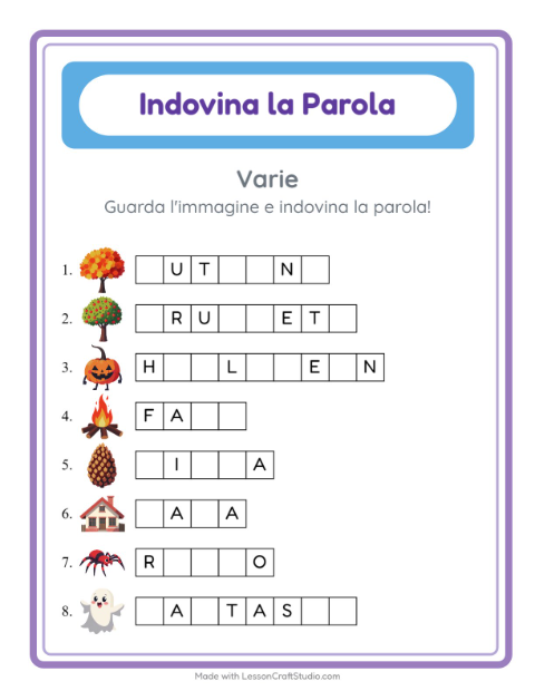 Anteprima della scheda di Indovina La Parola con Varie per Scuola dell'infanzia (5-7 anni)