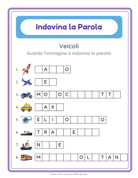 Anteprima della scheda di Indovina La Parola con Veicoli per Scuola dell'infanzia (5-7 anni)
