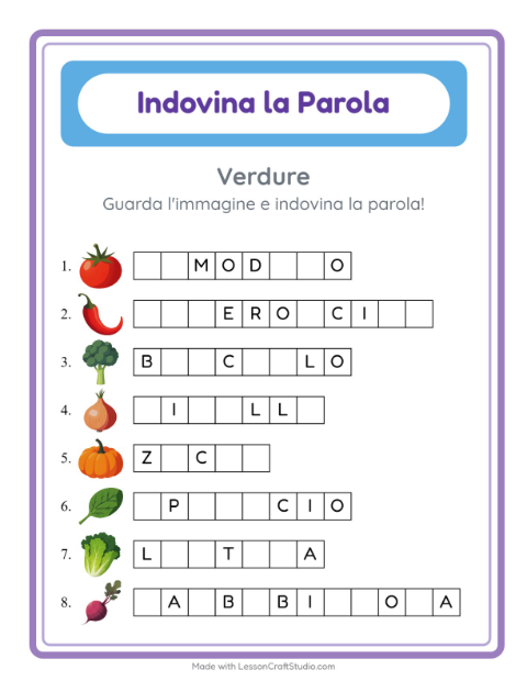 Anteprima della scheda di Indovina La Parola con Verdure per Scuola dell'infanzia (5-7 anni)