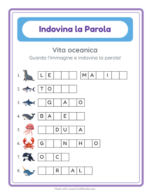 Anteprima della scheda di Indovina La Parola con Vita oceanica per Scuola dell'infanzia (5-7 anni)
