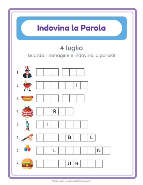 Anteprima della scheda di Indovina La Parola con 4 luglio per Scuola dell'infanzia (5-7 anni)