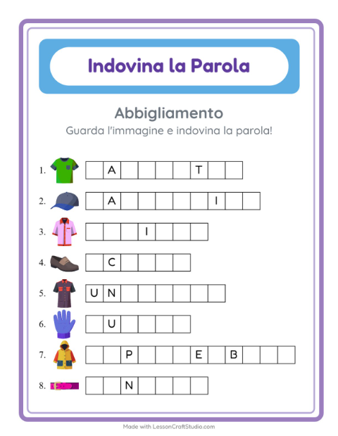 Anteprima della scheda di Indovina La Parola con Abbigliamento per Scuola dell'infanzia (5-7 anni)