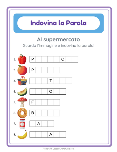 Anteprima della scheda di Indovina La Parola con Al supermercato per Scuola dell'infanzia (5-7 anni)