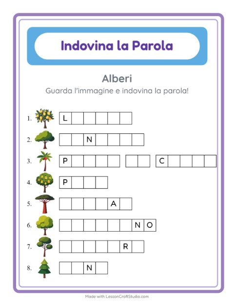 Anteprima della scheda di Indovina La Parola con Alberi per Scuola dell'infanzia (5-7 anni)