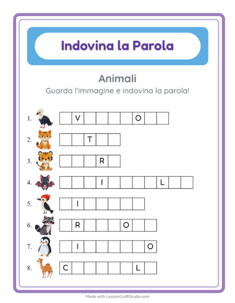 Anteprima della scheda di Indovina La Parola con Animali per Scuola dell'infanzia (5-7 anni)