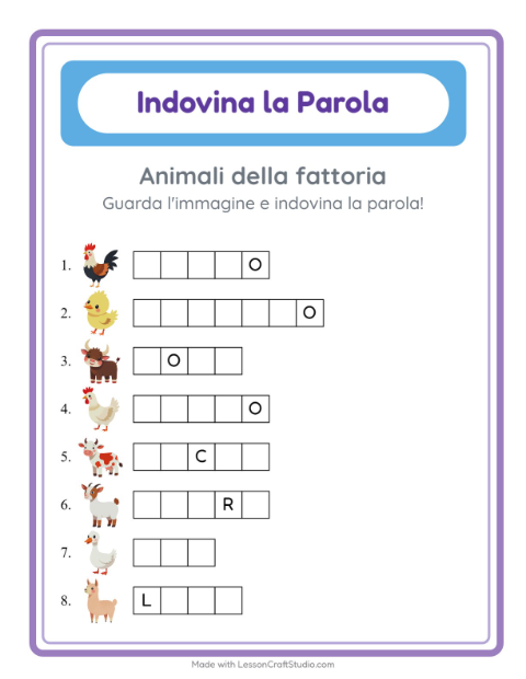 Anteprima della scheda di Indovina La Parola con Animali della fattoria per Scuola dell'infanzia (5-7 anni)