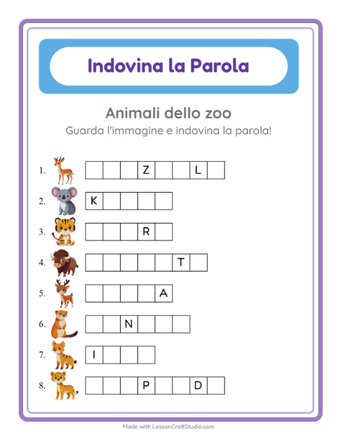 Anteprima della scheda di Indovina La Parola con Animali dello zoo per Scuola dell'infanzia (5-7 anni)