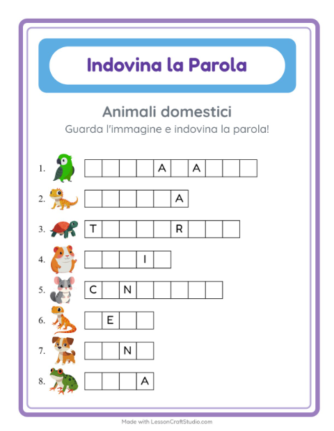Anteprima della scheda di Indovina La Parola con Animali domestici per Scuola dell'infanzia (5-7 anni)