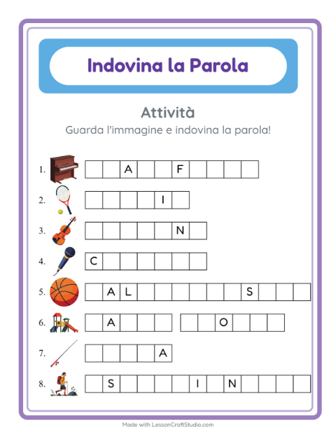 Anteprima della scheda di Indovina La Parola con Attività per Scuola dell'infanzia (5-7 anni)
