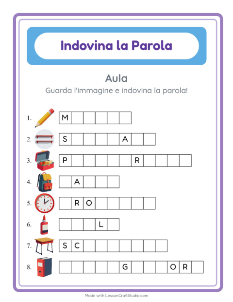 Anteprima della scheda di Indovina La Parola con Aula per Scuola dell'infanzia (5-7 anni)