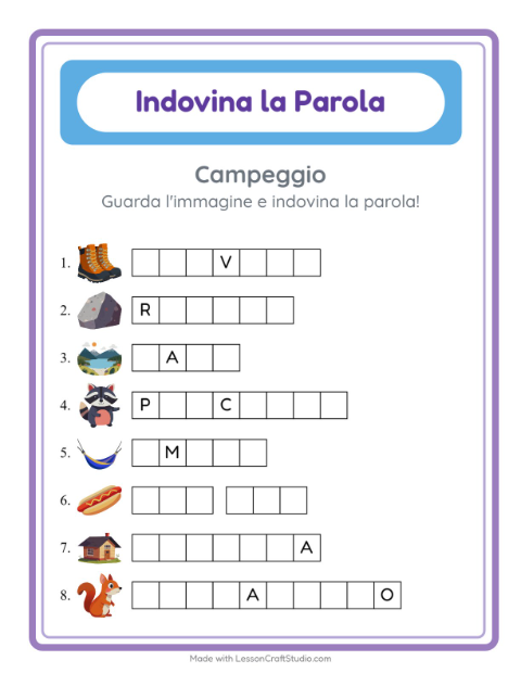 Anteprima della scheda di Indovina La Parola con Campeggio per Scuola dell'infanzia (5-7 anni)
