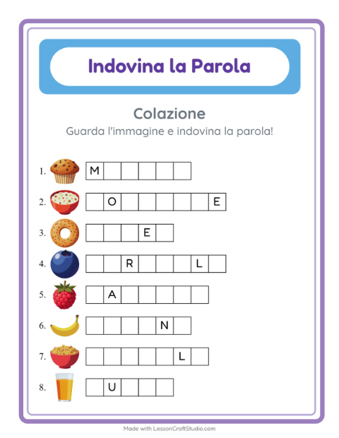 Anteprima della scheda di Indovina La Parola con Colazione per Scuola dell'infanzia (5-7 anni)