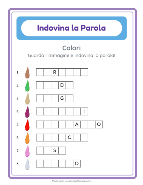 Anteprima della scheda di Indovina La Parola con Colori per Scuola dell'infanzia (5-7 anni)