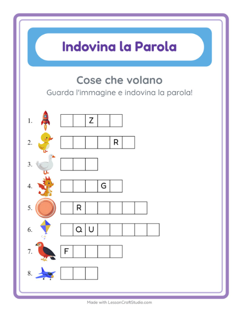 Anteprima della scheda di Indovina La Parola con Cose che volano per Scuola dell'infanzia (5-7 anni)