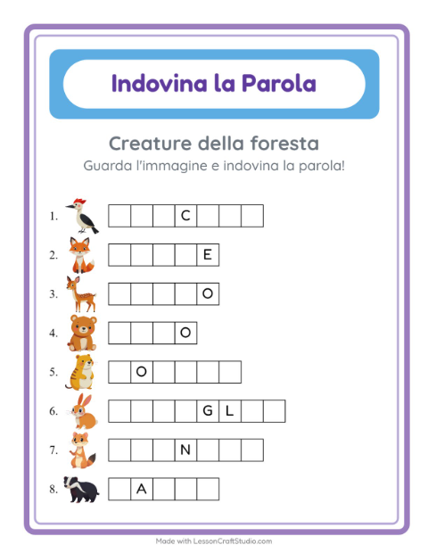 Anteprima della scheda di Indovina La Parola con Creature della foresta per Scuola dell'infanzia (5-7 anni)