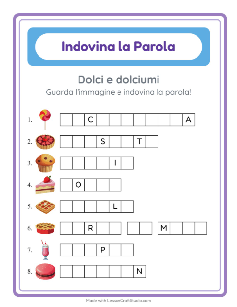 Anteprima della scheda di Indovina La Parola con Dolci e dolciumi per Scuola dell'infanzia (5-7 anni)