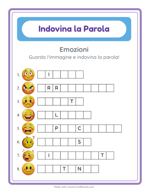 Anteprima della scheda di Indovina La Parola con Emozioni per Scuola dell'infanzia (5-7 anni)