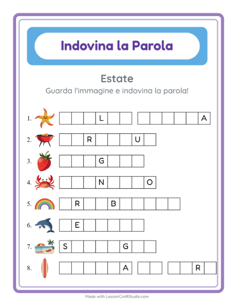 Anteprima della scheda di Indovina La Parola con Estate per Scuola dell'infanzia (5-7 anni)