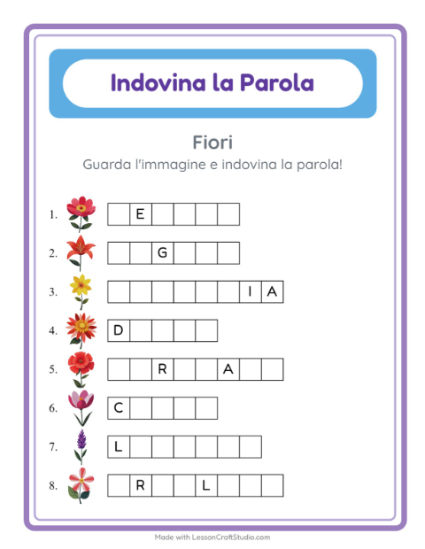 Anteprima della scheda di Indovina La Parola con Fiori per Scuola dell'infanzia (5-7 anni)