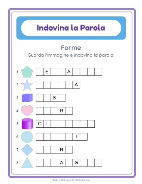Anteprima della scheda di Indovina La Parola con Forme per Scuola dell'infanzia (5-7 anni)
