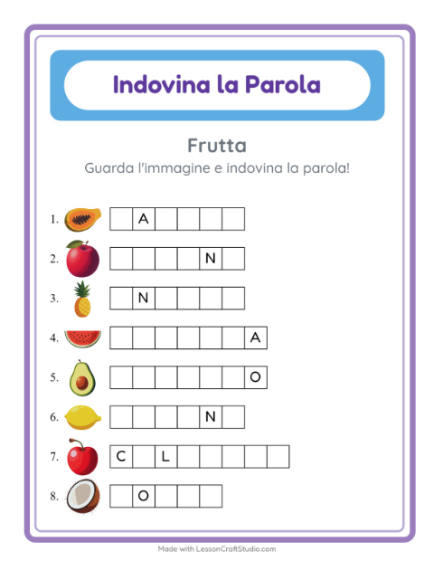 Anteprima della scheda di Indovina La Parola con Frutta per Scuola dell'infanzia (5-7 anni)