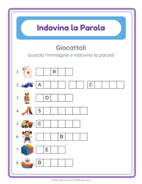Anteprima della scheda di Indovina La Parola con Giocattoli per Scuola dell'infanzia (5-7 anni)