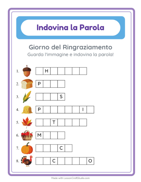 Anteprima della scheda di Indovina La Parola con Giorno del Ringraziamento per Scuola dell'infanzia (5-7 anni)