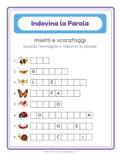 Anteprima della scheda di Indovina La Parola con Insetti e scarafaggi per Scuola dell'infanzia (5-7 anni)