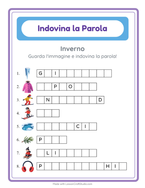 Anteprima della scheda di Indovina La Parola con Inverno per Scuola dell'infanzia (5-7 anni)
