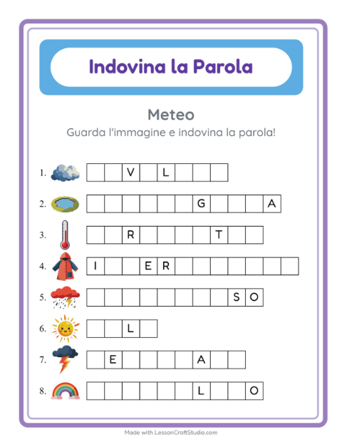 Anteprima della scheda di Indovina La Parola con Meteo per Scuola dell'infanzia (5-7 anni)