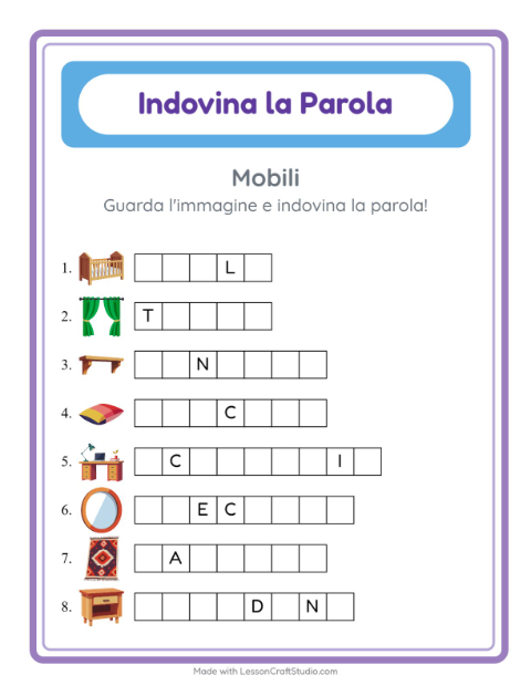 Anteprima della scheda di Indovina La Parola con Mobili per Scuola dell'infanzia (5-7 anni)