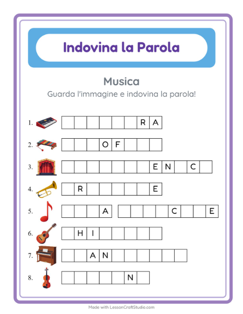 Anteprima della scheda di Indovina La Parola con Musica per Scuola dell'infanzia (5-7 anni)