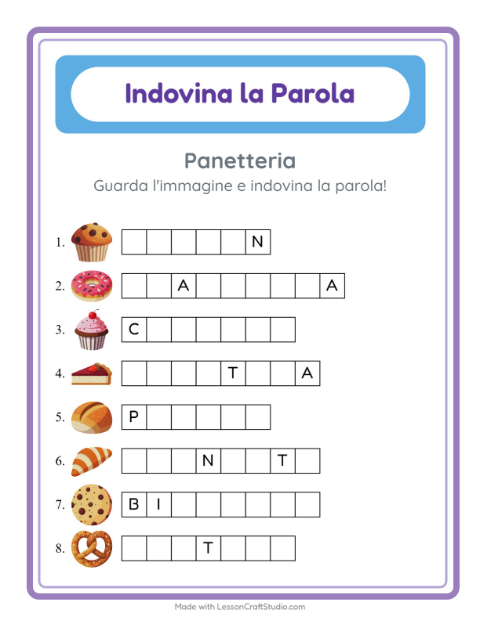 Anteprima della scheda di Indovina La Parola con Panetteria per Scuola dell'infanzia (5-7 anni)