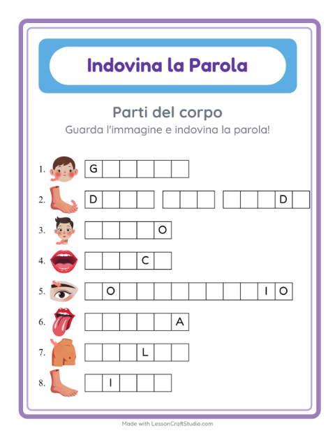 Anteprima della scheda di Indovina La Parola con Parti del corpo per Scuola dell'infanzia (5-7 anni)