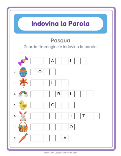 Anteprima della scheda di Indovina La Parola con Pasqua per Scuola dell'infanzia (5-7 anni)