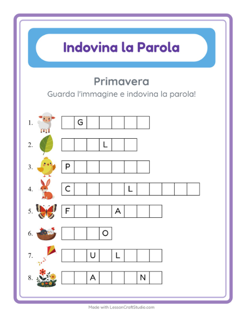 Anteprima della scheda di Indovina La Parola con Primavera per Scuola dell'infanzia (5-7 anni)