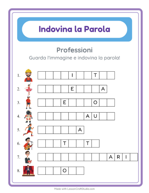 Anteprima della scheda di Indovina La Parola con Professioni per Scuola dell'infanzia (5-7 anni)