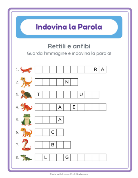 Anteprima della scheda di Indovina La Parola con Rettili e anfibi per Scuola dell'infanzia (5-7 anni)