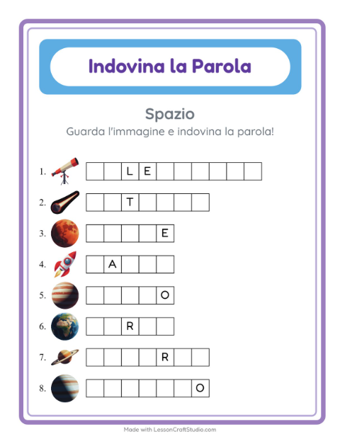 Anteprima della scheda di Indovina La Parola con Spazio per Scuola dell'infanzia (5-7 anni)