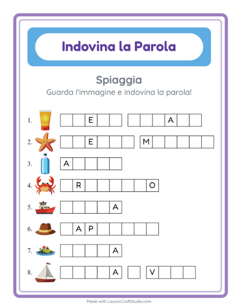 Anteprima della scheda di Indovina La Parola con Spiaggia per Scuola dell'infanzia (5-7 anni)