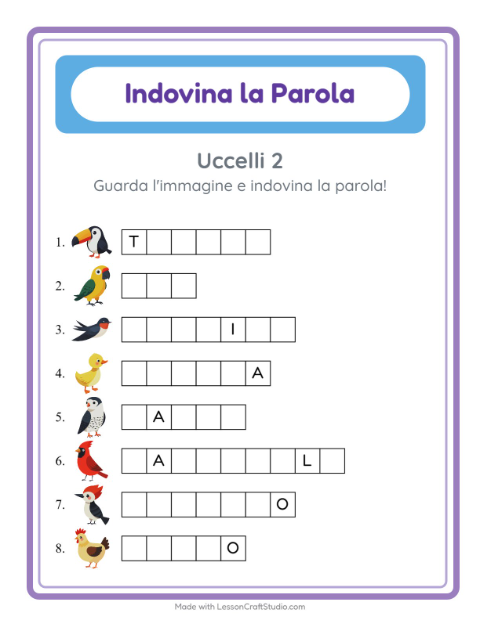 Anteprima della scheda di Indovina La Parola con Uccelli 2 per Scuola dell'infanzia (5-7 anni)
